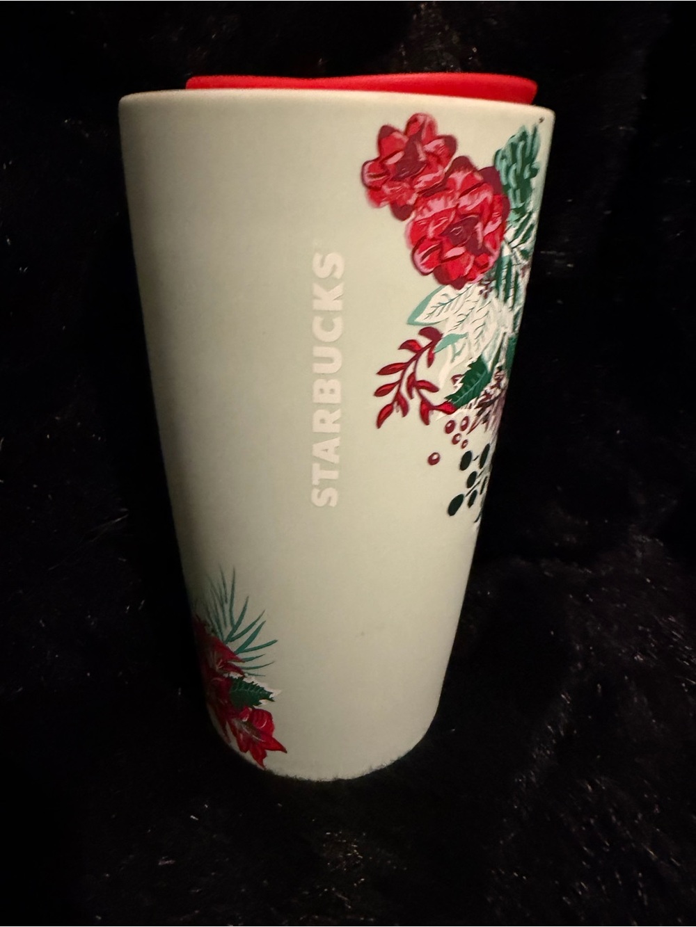 Starbucks Mint Green Ceramic Tumbler with Red Floral Accents